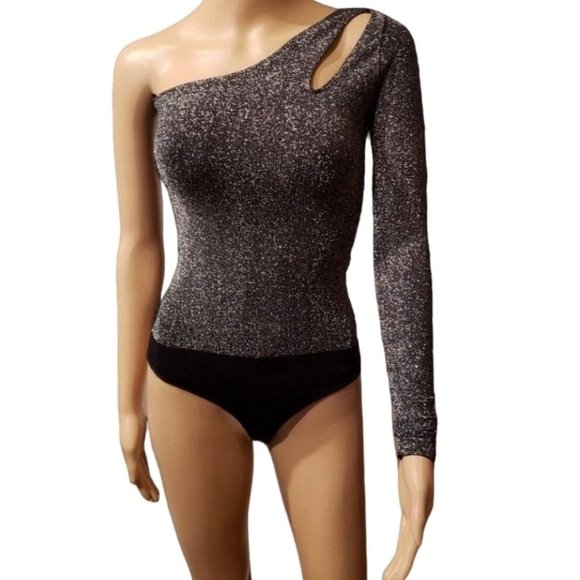 Bebe One Shoulder Bodysuit Women's Metallic Sliver Cutout Shoulder Snaps… - Picture 5 of 16
